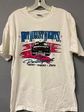 Hanes White Short Sleeve Tee with Blue and Pink Graphic